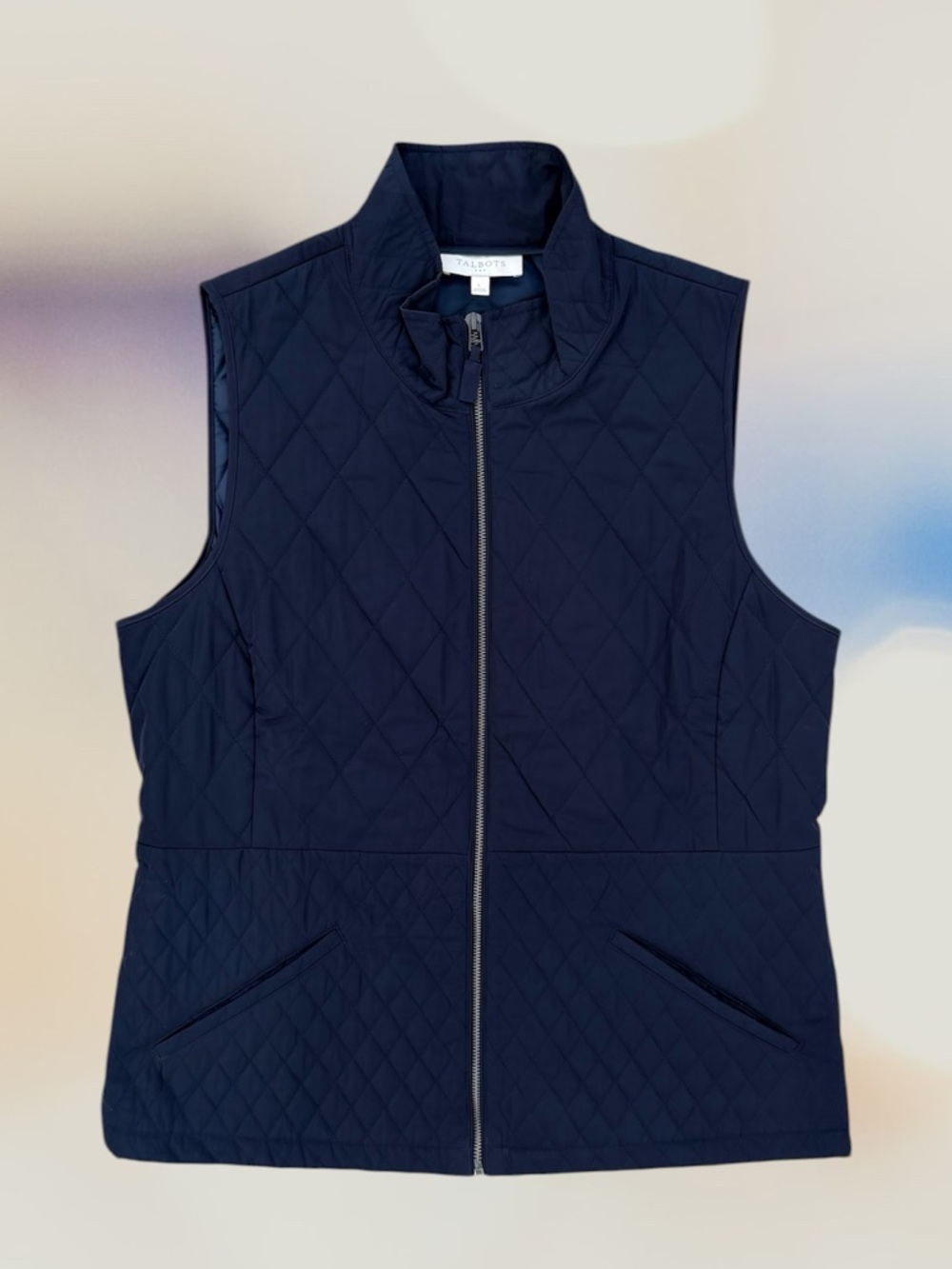 Talbots Navy Blue Diamond Quilted Full Zip Mock-Neck Layering Vest ~ Women’s L